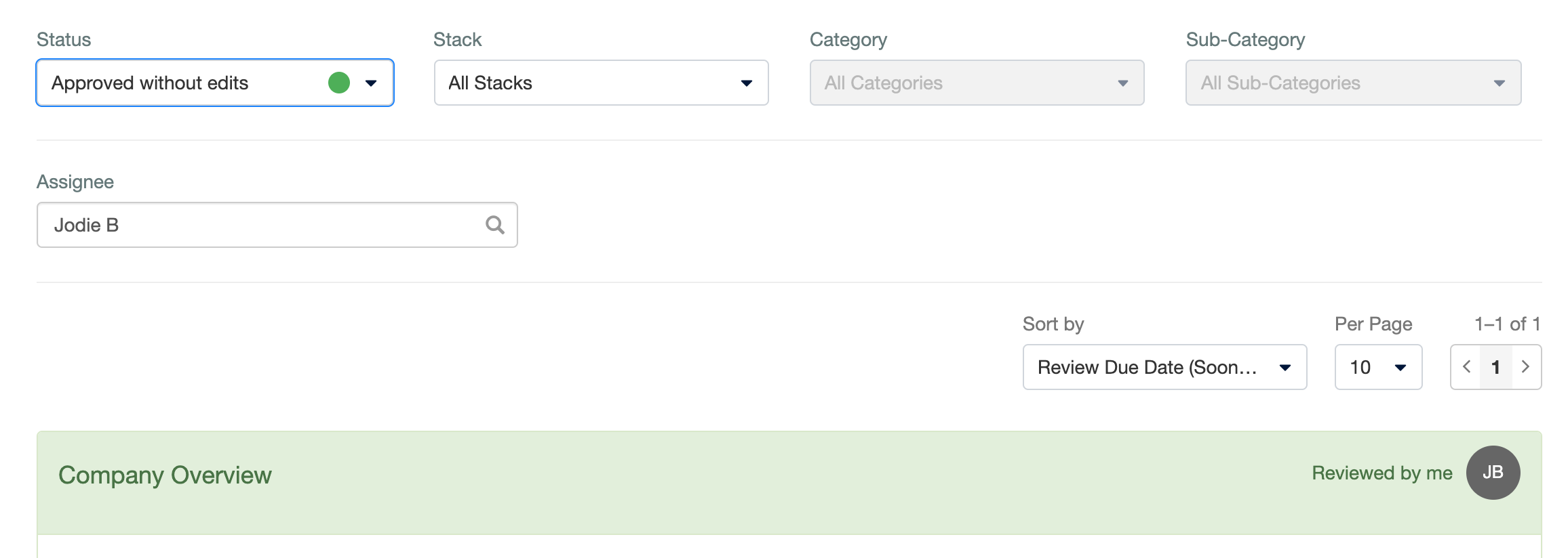 A_screenshot_of_a_completed_Library_Review_under_the_Approved_without_edits_Status_filter.png