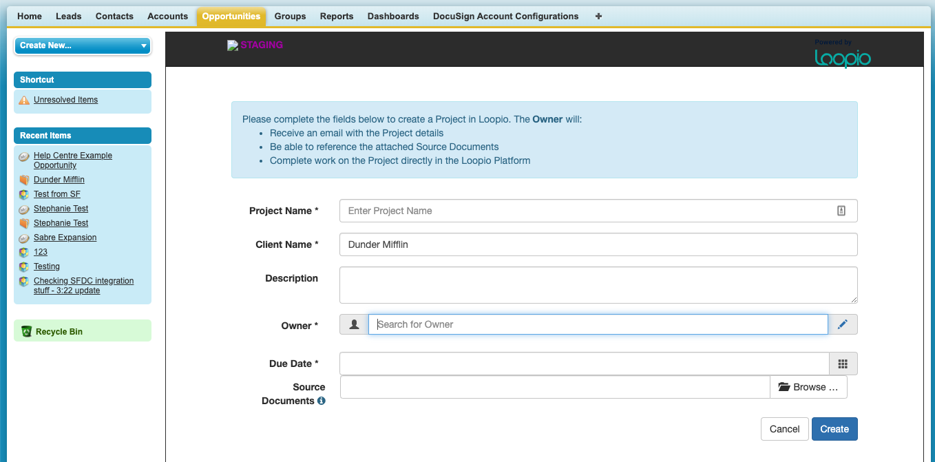 How Can I Create a New Loopio Project Using the Salesforce Integration