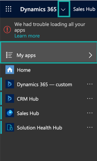 The_Microsoft_Dynamics_Sales_Hub_menu_with_the_down_arrow_and_My_Apps_indicated.png