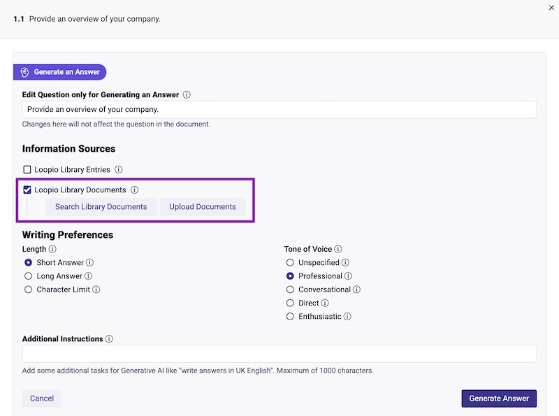 Generate an answer pop up with Lupio library documents selected.png