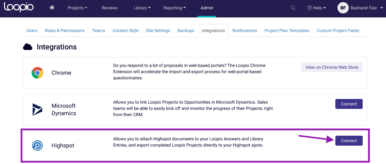Screenshot of the Highspot tile on the Integrations screen.png