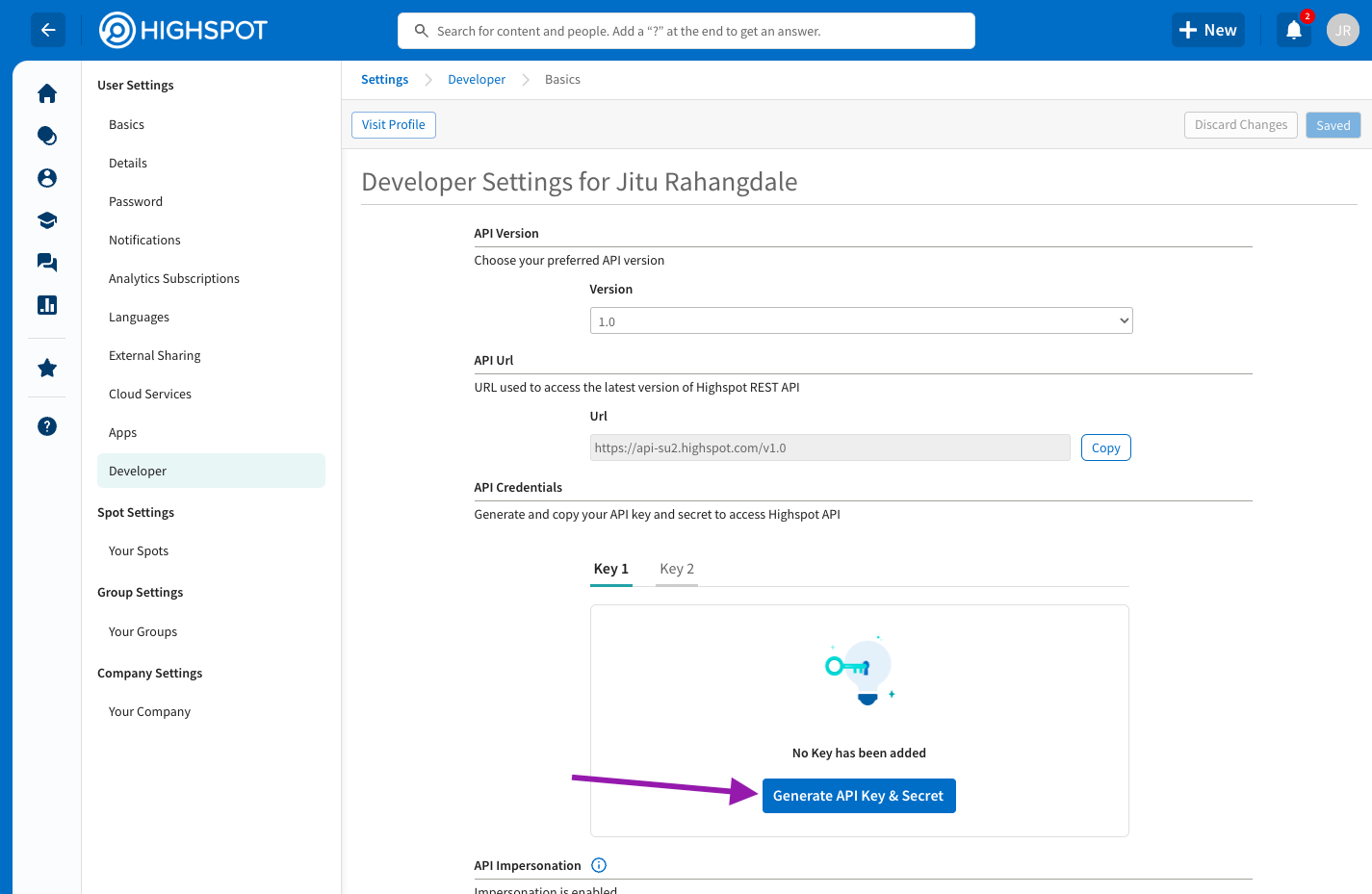 Developer Settings page in Highspot.png