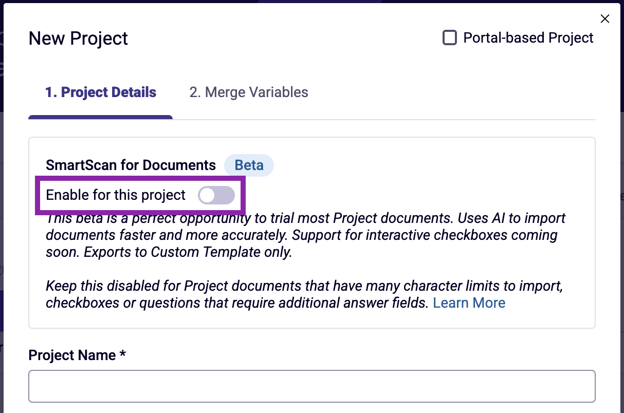Toggle to enable SmartScan in New Project modal.png