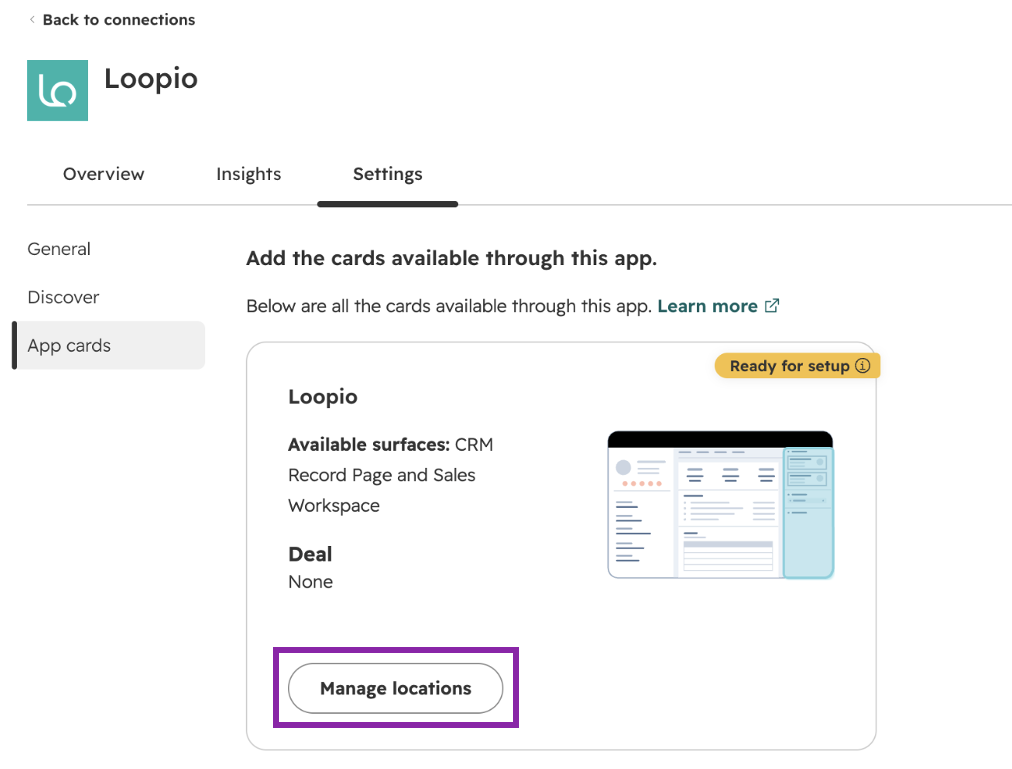Hubspot connections > Loopio app > Settings page, with manage locations button outlined in purple