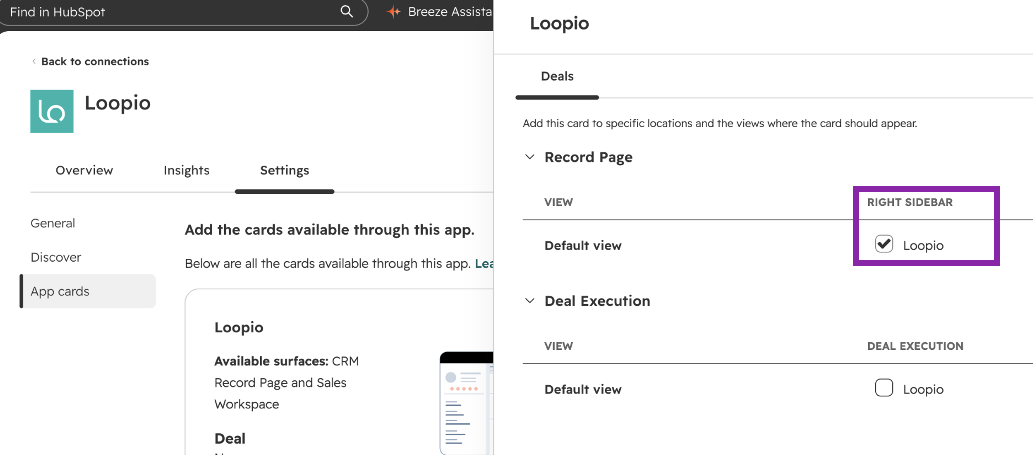Hubspot connections > Loopio app > Settings page > Manage locations, with Rightsidebar > Loopio checkbox outlined