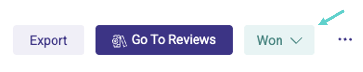 Buttons appearing at the top right of a Loopio Projects page with a blue arrow pointing at a button labelled "Won"