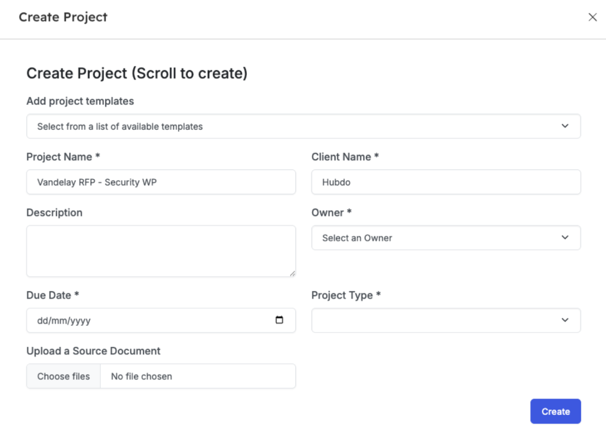 Loopio Create Project screen within hubspot