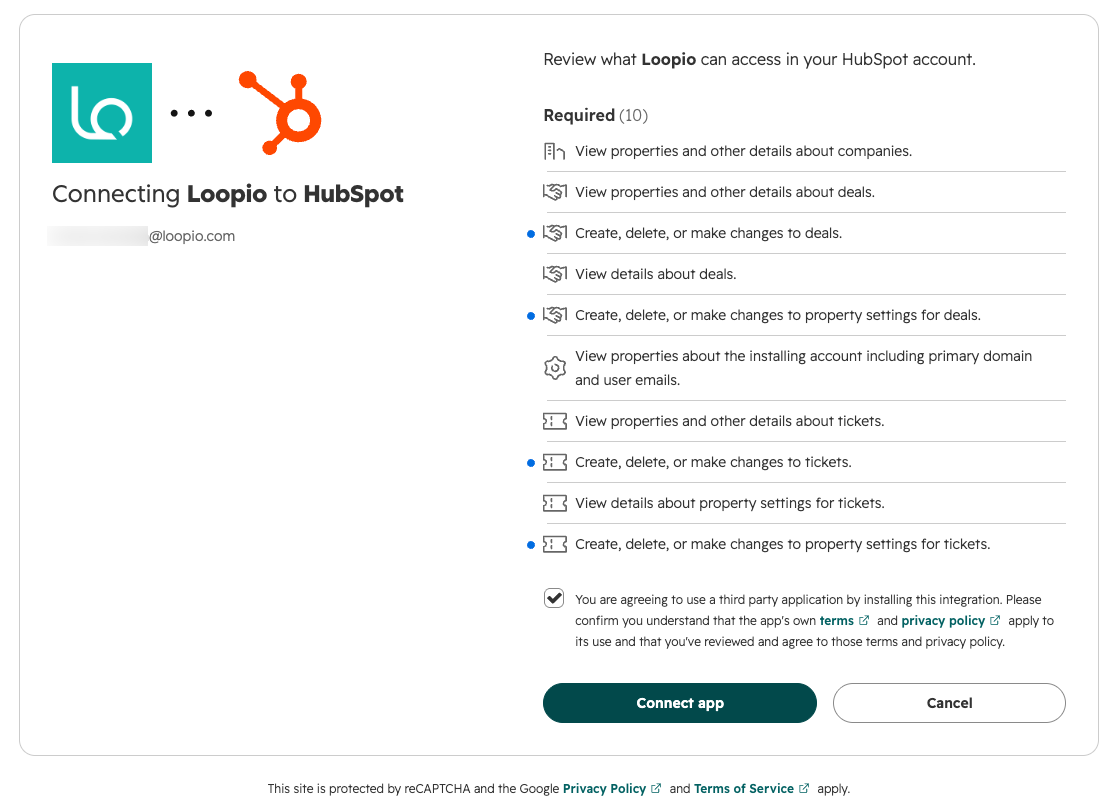 3. Review permissions that the Loopio app can access in HubSpot