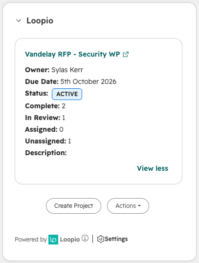 Loopio CRM Card in Hubspot showing the newly created Project
