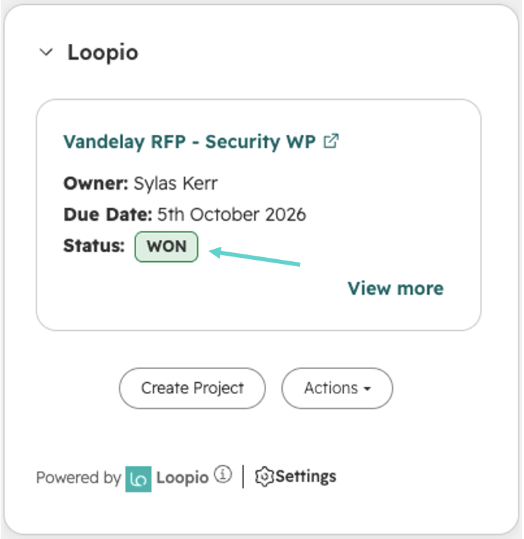 Loopio CRM Card in HubSpot with blue arrow pointing to Won status tag