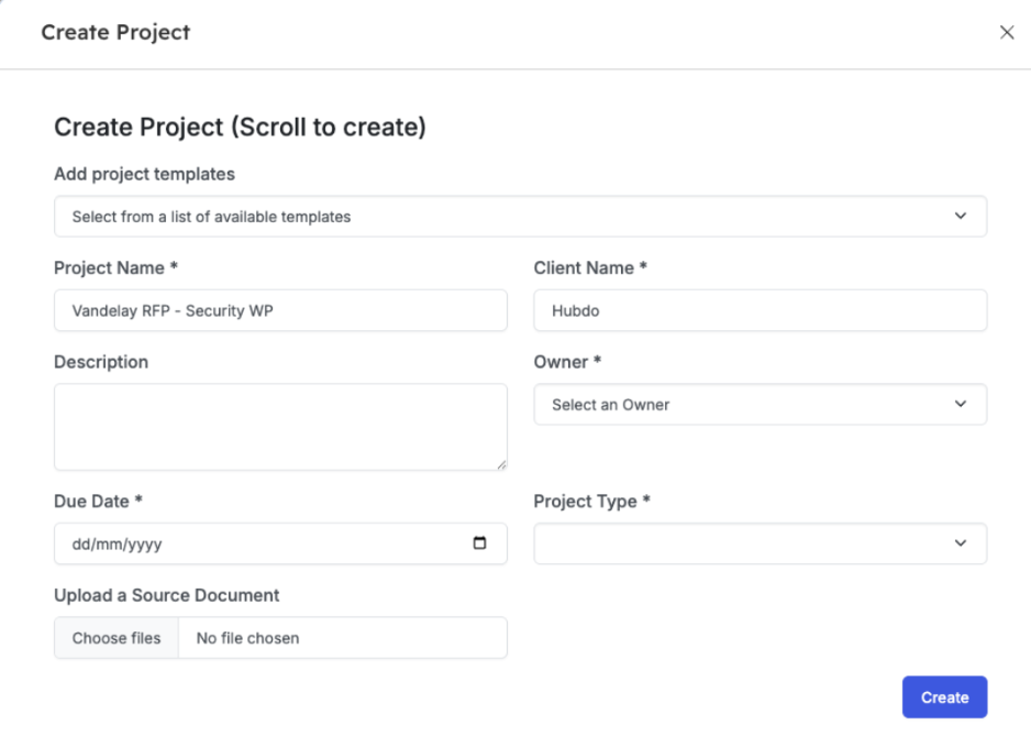 Create a Loopio Project card within HubSpot showing the information fields to fill up