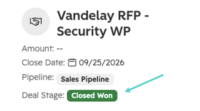 Project within hubspot with a blue arrow pointing to a "Closed Won" status tag