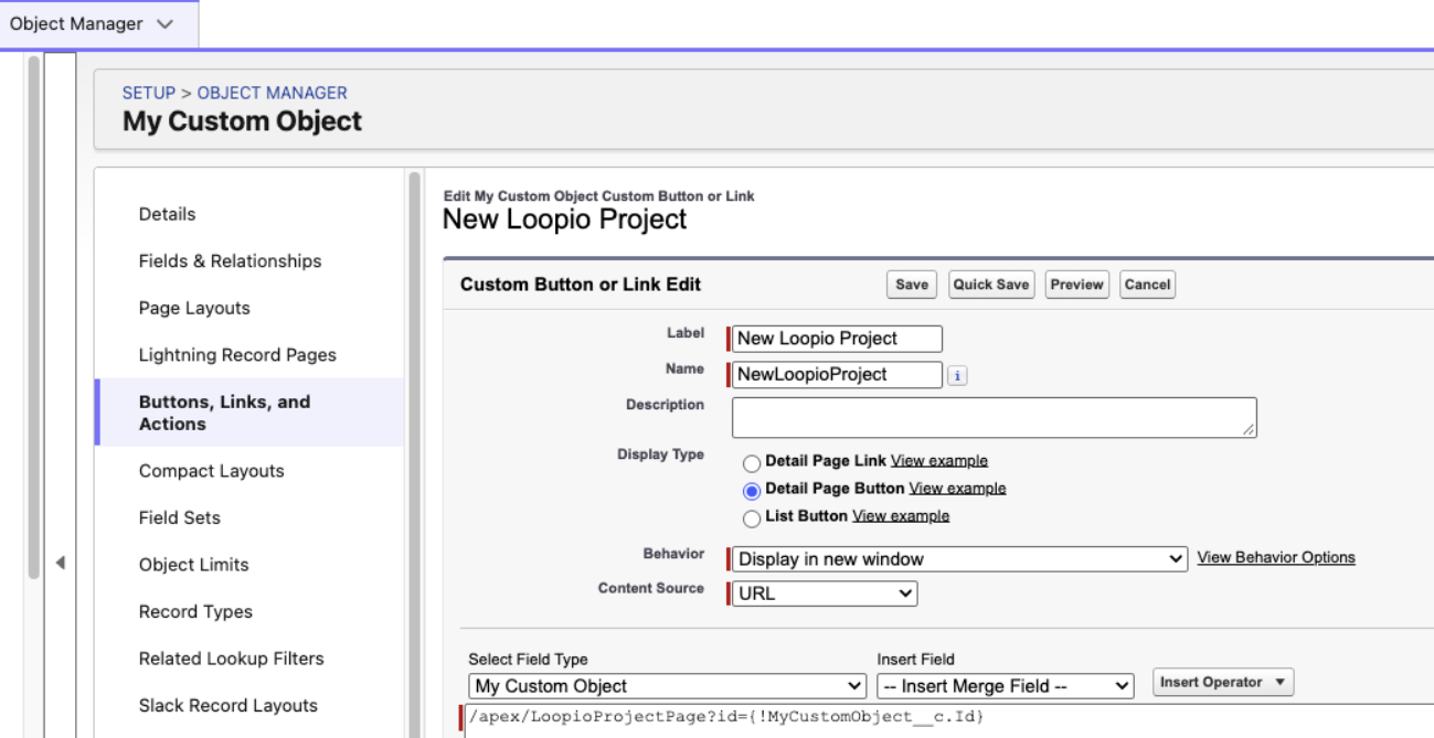 My custom object creation field with the values from the table above