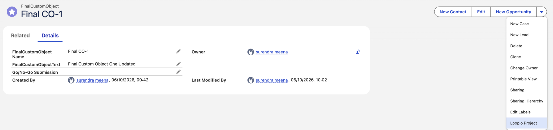Salesforce object page with top right dropdown menu expanded