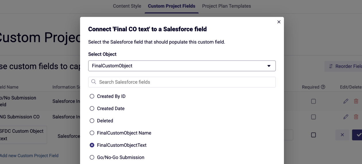 Selecting an object for custom project field